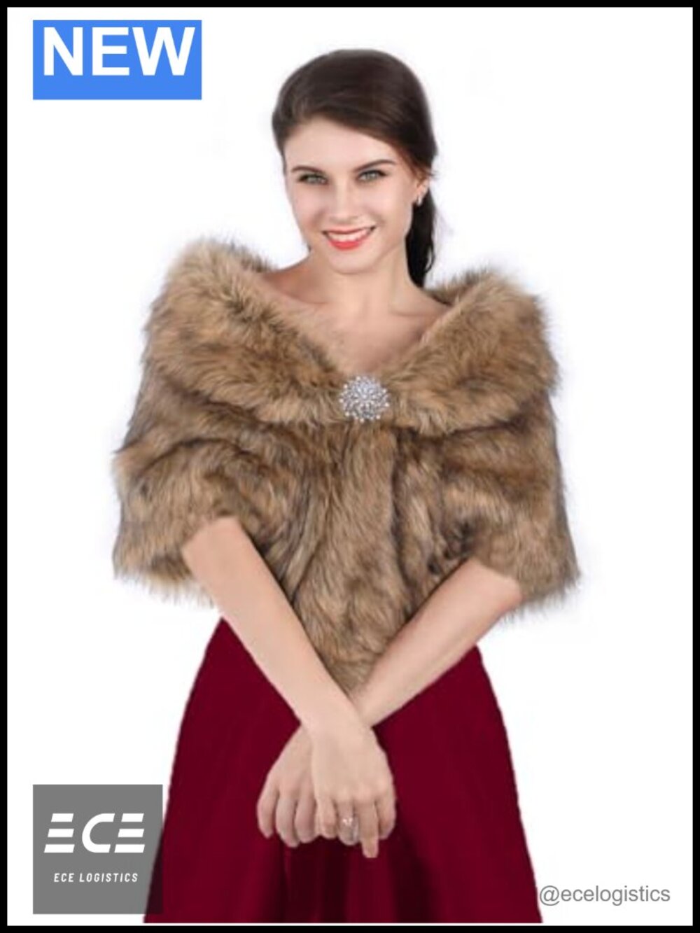 Faux Fur Wedding Wrap Shawl Rhinestone Brooch Winter Cover Up